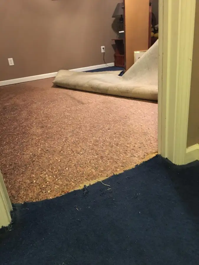 Carpet pad removal revealing water damage during Water Mitigation Services in Ocean